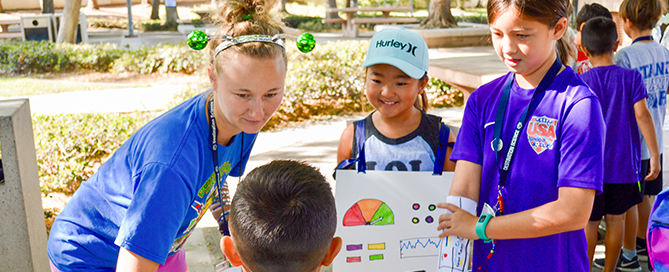 Camp counselor with children explaining science topics